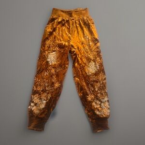 Anthropologie XS Embroidered Velvet Joggers Gold Smocked Boho Festival Pants